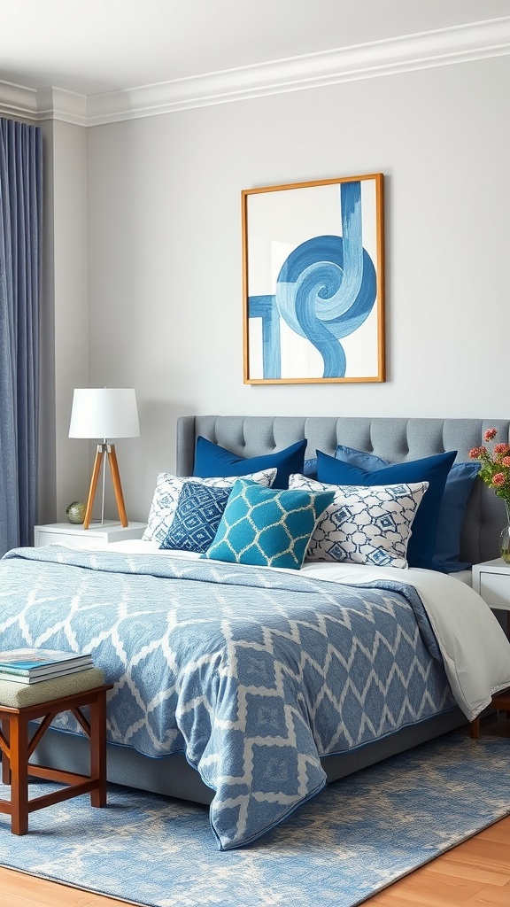 A cozy blue bedroom featuring geometric-patterned bedding and pillows, complemented by soft gray walls and natural light.