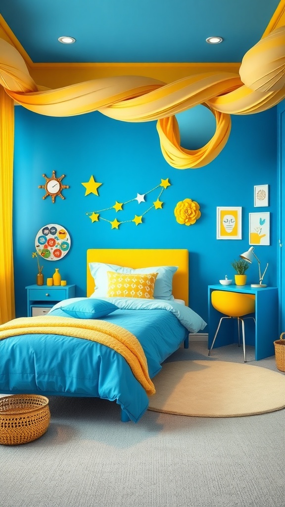 A vibrant blue bedroom featuring yellow accents, creating a lively and tranquil atmosphere.