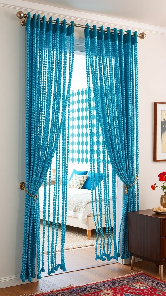 A set of blue beaded curtains hanging in a doorway, revealing a cozy bedroom with soft tones.