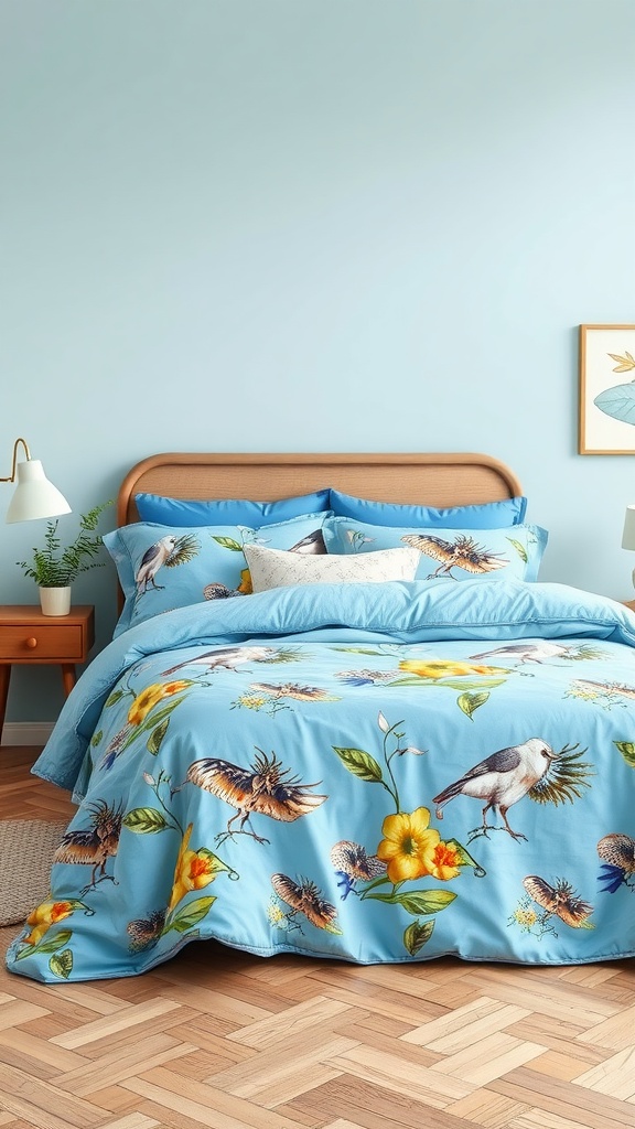 A cozy bohemian bedroom with vibrant blue bedding featuring nature prints of birds and flowers.