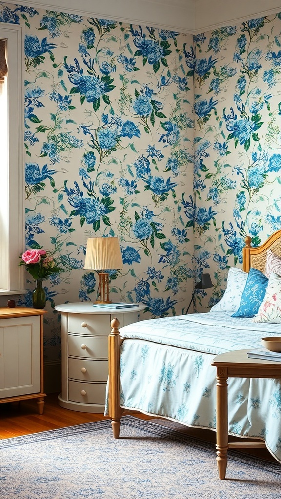 A bedroom featuring blue floral wallpaper with a cozy bed and soft furnishings