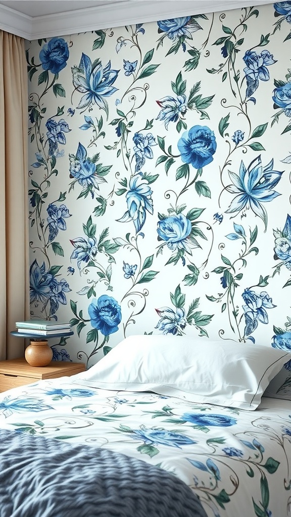 A cozy bedroom with blue floral wallpaper, featuring large blue flowers against a light background, complemented by simple bedding and wooden furniture.