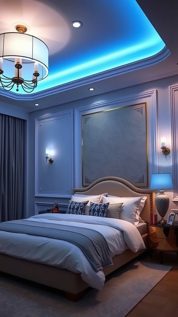 A beautifully designed bedroom featuring blue lighting fixtures, including a chandelier and subtle ambient lighting.