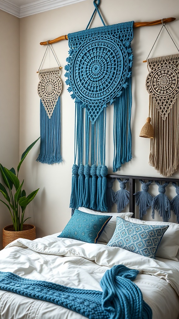 A boho bedroom featuring vibrant blue macrame wall hangings and cozy textiles