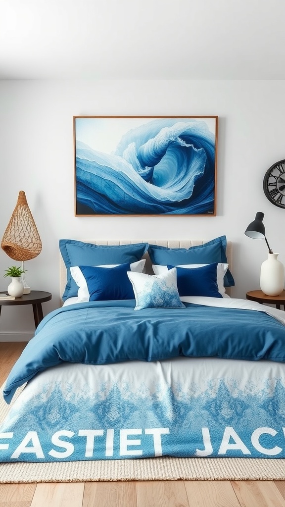 Bedroom with ocean themed blue tones featuring ombre bedding and wave artwork