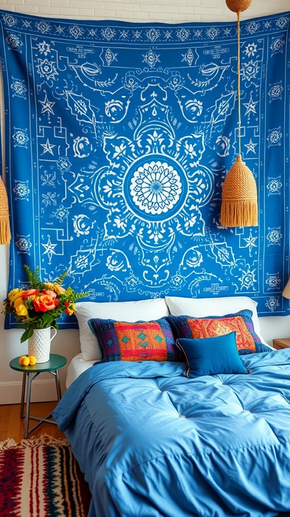 A cozy boho bedroom featuring a vibrant blue tapestry on the wall, colorful pillows on the bed, and a floral arrangement.