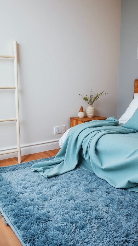 A cozy bedroom featuring a blue throw rug, light blue bedding, and a minimalist design.