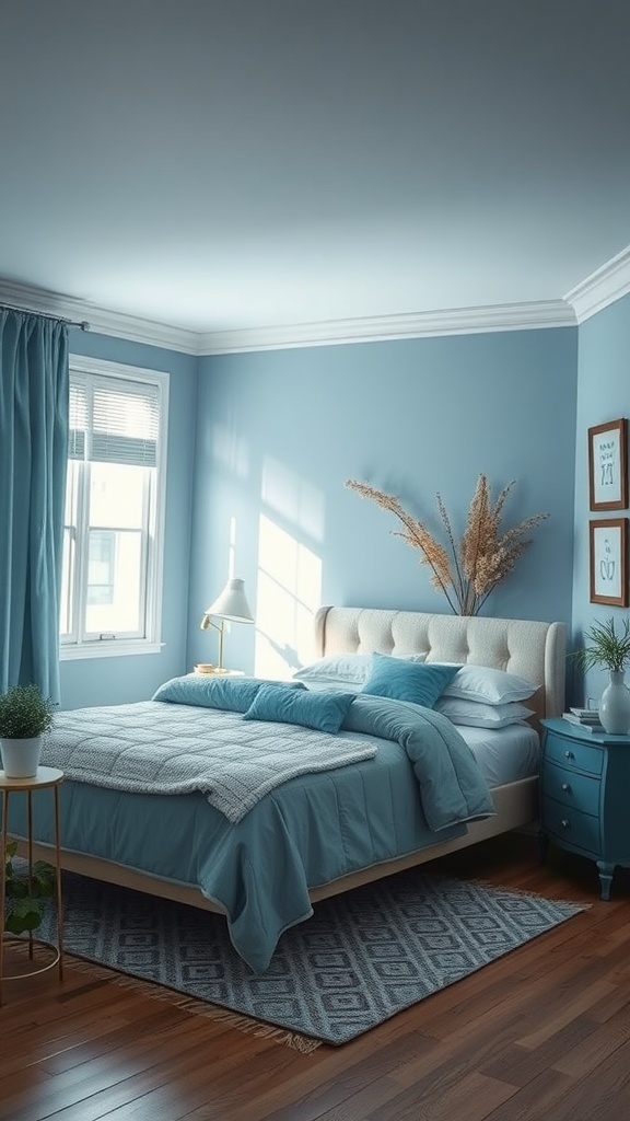 A serene blue bedroom featuring a cozy bed, blue walls, and natural decor.