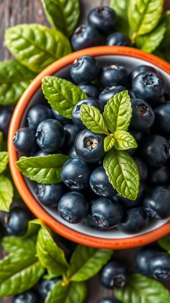 A bowl of fresh blueberries with mint leaves, surrounded by green leaves on a wooden surface.