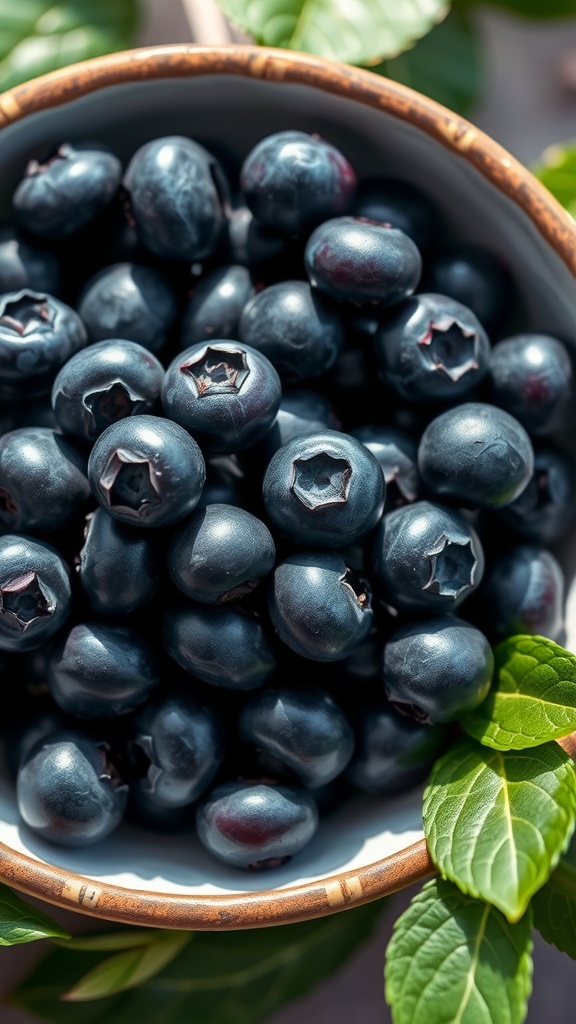 A bowl filled with fresh blueberries surrounded by green leaves