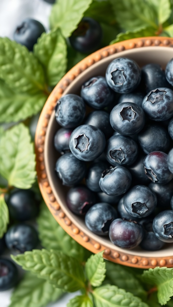 A bowl of fresh blueberries surrounded by green leaves
