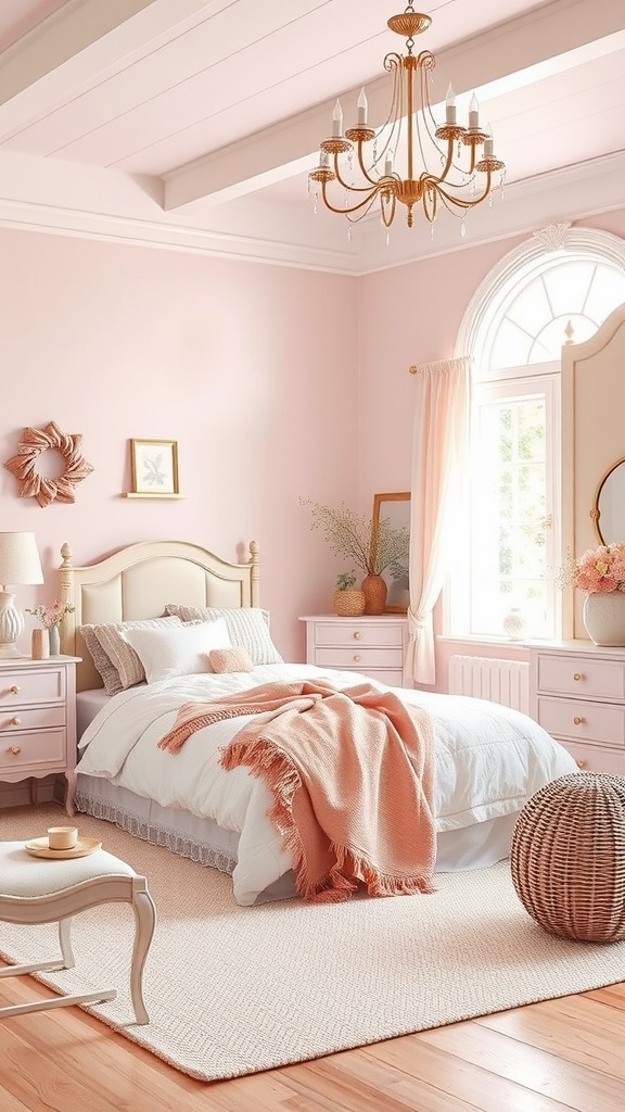A cozy farmhouse bedroom featuring blush pink walls, elegant chandelier, and soft bedding.