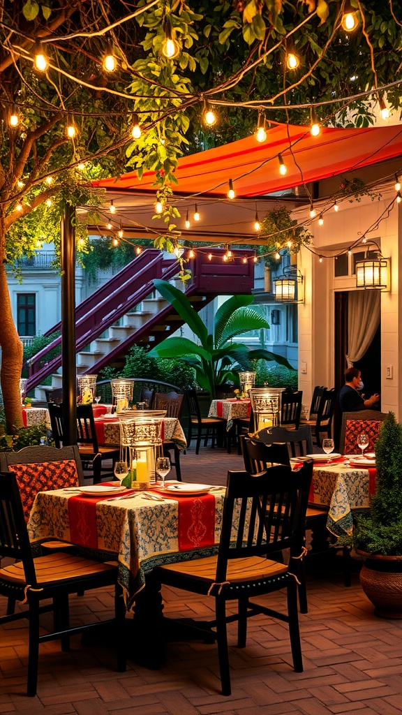 Outdoor dining area with colorful tablecloths and string lights