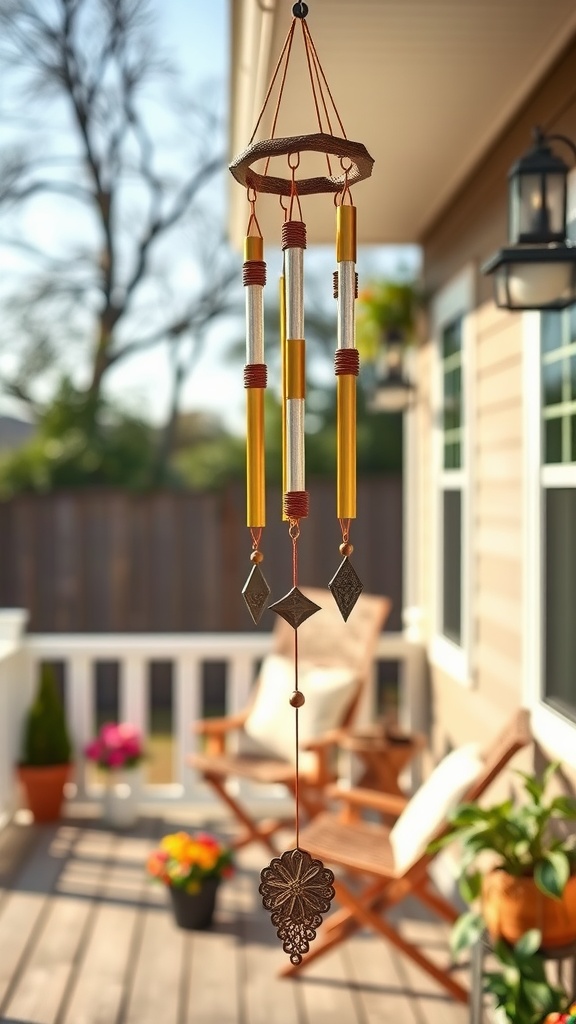 Bohemian-style wind chimes hanging on a back porch, with wooden chairs and colorful flowers in pots