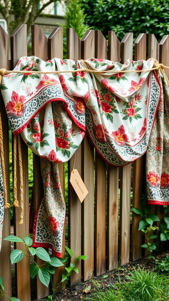 A wooden fence adorned with vibrant floral fabric swags, showcasing a bohemian style.
