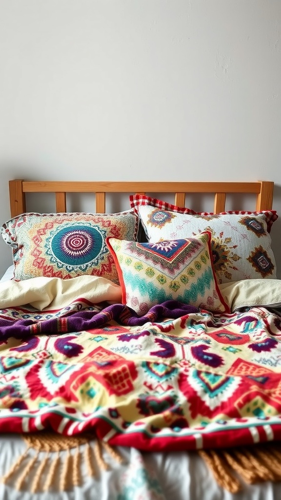 A cozy bed with colorful bohemian pillows and a patterned blanket, showcasing rustic boho style.