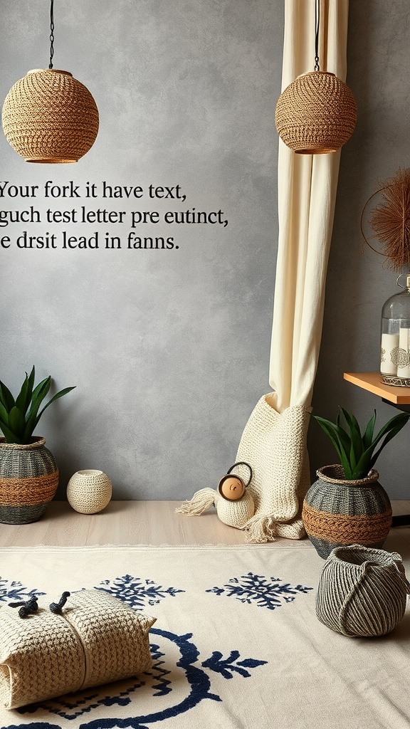 A cozy bohemian-style room with black and cream accents, featuring woven lamps, potted plants, and a patterned rug.