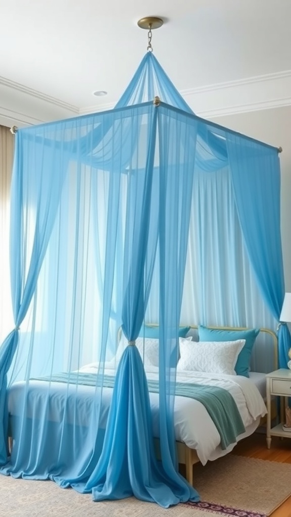 A vibrant blue canopy bed with flowing sheer fabric, creating a cozy bohemian ambiance.