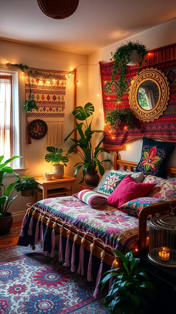 A cozy bohemian style bedroom with colorful textiles, plants, and warm lighting.