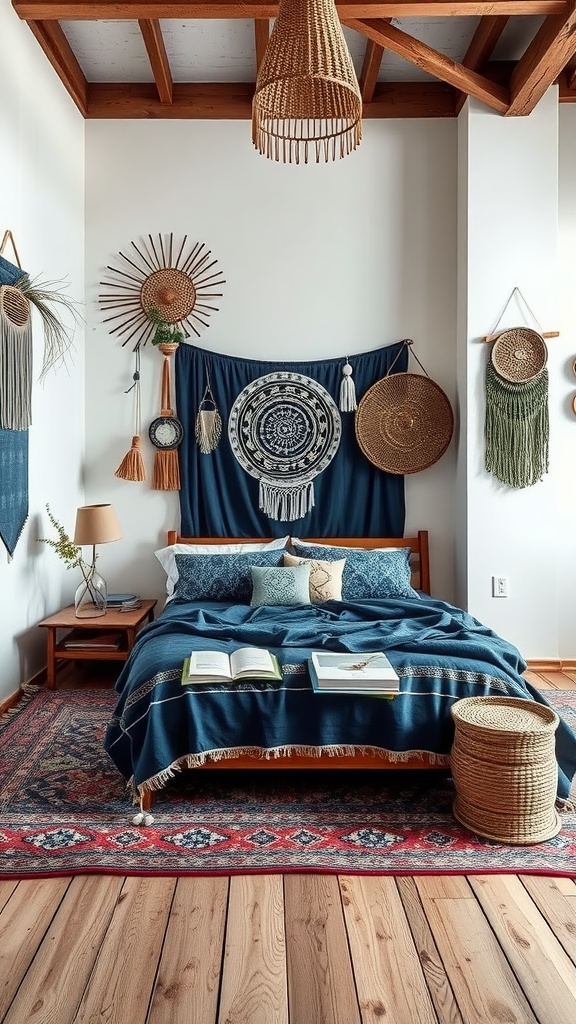 A cozy bohemian bedroom featuring indigo shades, wooden beams, a tapestry, and woven decor.