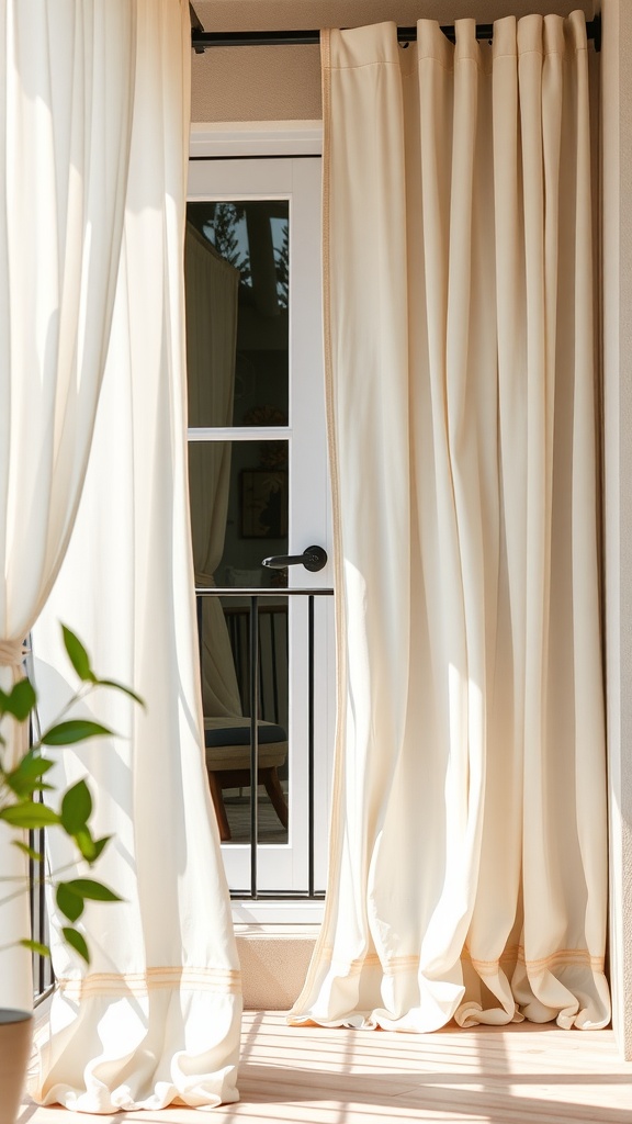 Light, airy bohemian curtains hanging on a balcony, creating a cozy and private outdoor space.