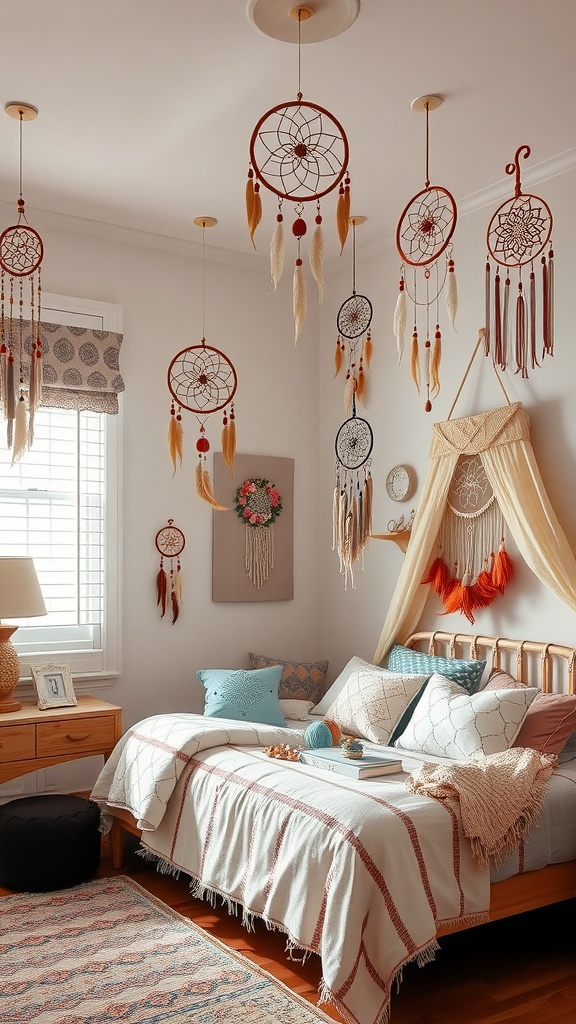 A cozy bohemian bedroom with dreamcatchers hanging from the ceiling, featuring soft bedding and playful decor.