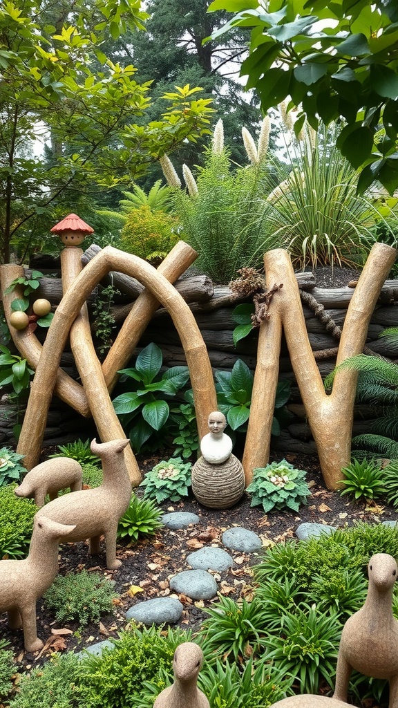 Artistic garden with wooden sculptures and playful animal figures surrounded by greenery
