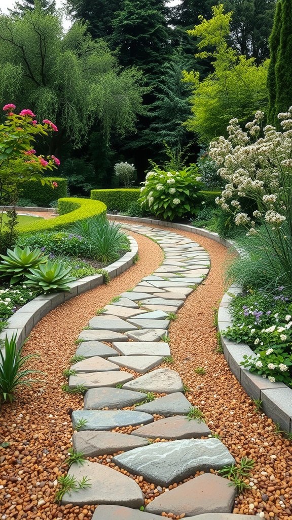 A winding stone pathway surrounded by lush greenery and colorful flowers in a garden