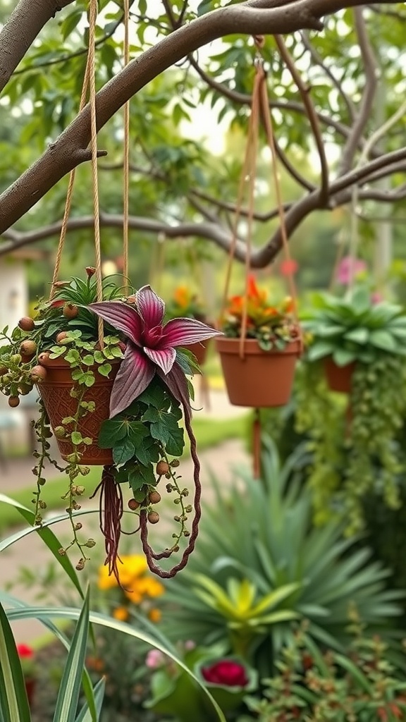 Hanging planters with colorful plants, swaying from tree branches