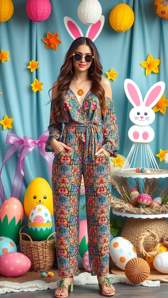A woman wearing a floral bohemian jumpsuit with bold accessories in a festive Easter setting.