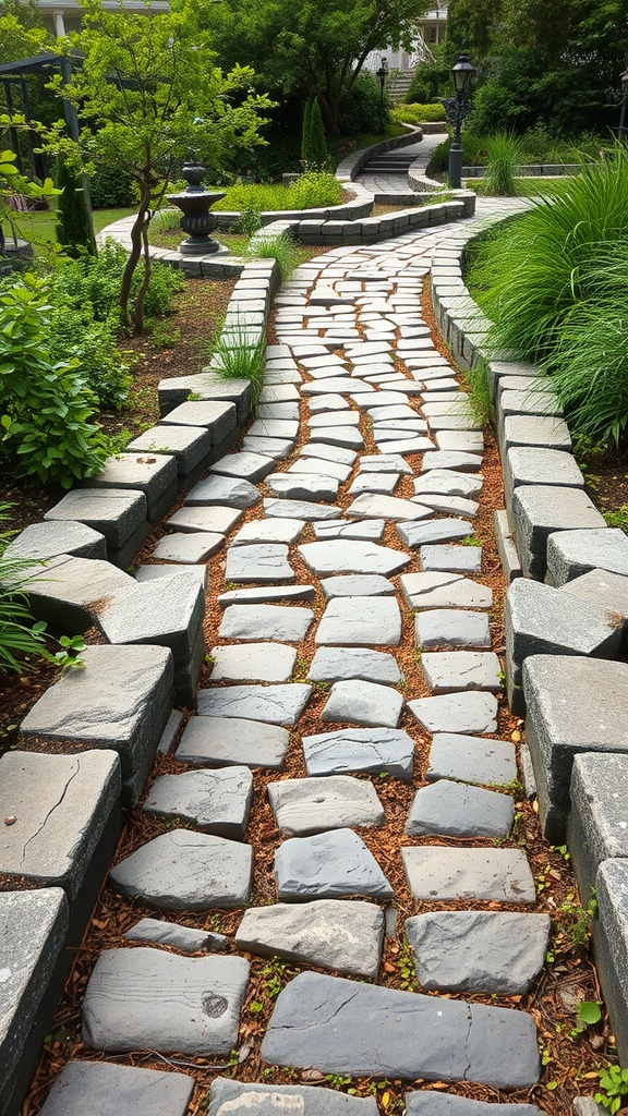 A winding garden pathway made of natural stone surrounded by lush greenery.