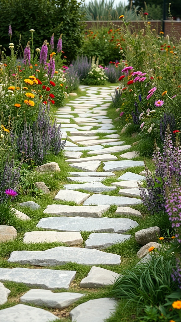 Natural stone pathway lined with colorful flowers in a garden.