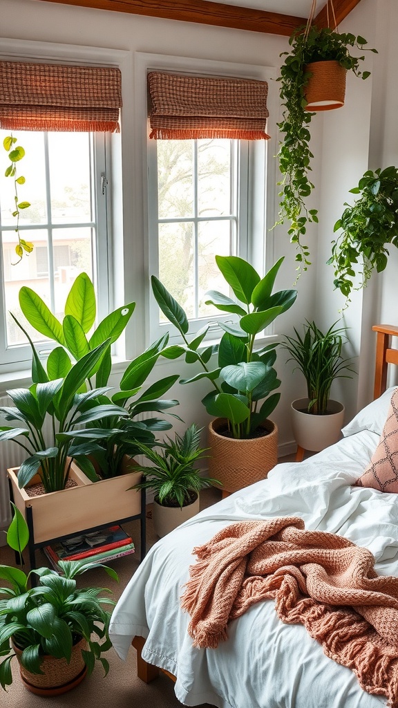 A cozy boho bedroom filled with various indoor plants and a neatly made bed adorned with a soft throw.