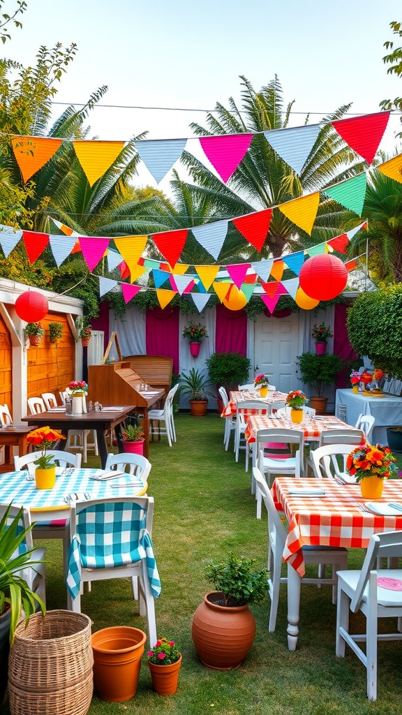 A vibrant garden party setup with colorful decorations, checkered tablecloths, and cheerful flower arrangements.