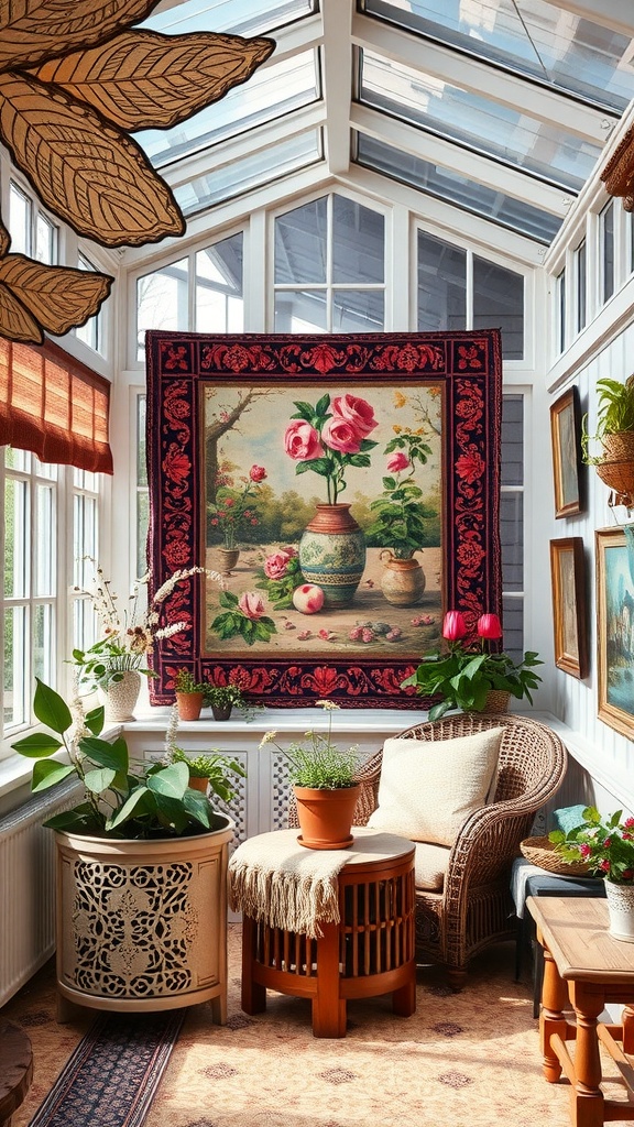 A Bohemian-style sunroom featuring a floral tapestry on the wall, surrounded by plants and cozy furniture.