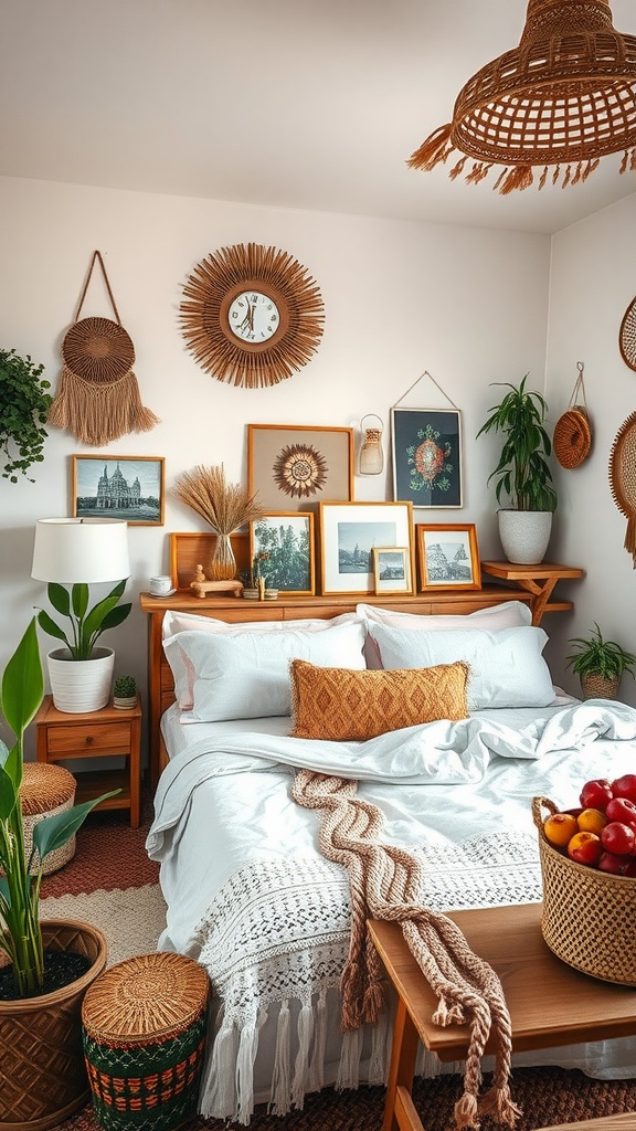 A rustic boho style bedroom featuring woven wall decor, plants, and a cozy bed with decorative pillows.