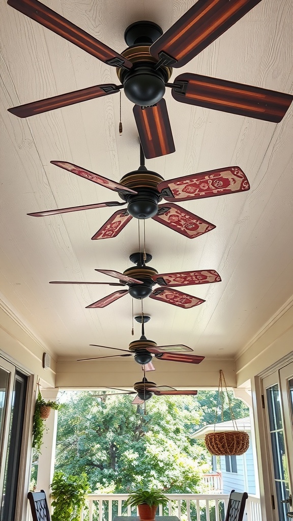 A series of Boho-style ceiling fans with decorative blades hanging in a bright back porch