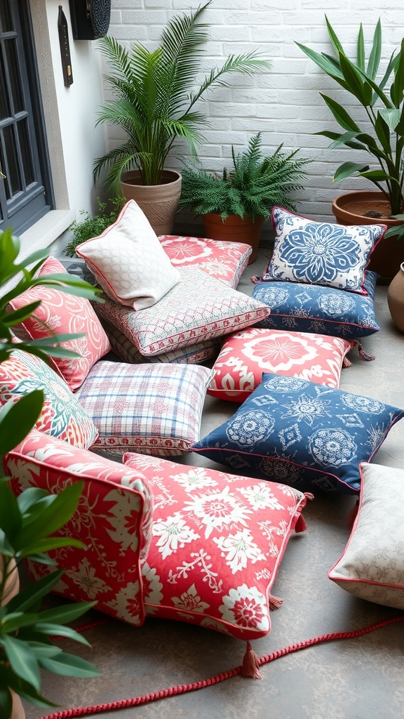 A colorful arrangement of boho-chic floor cushions in various patterns and colors, surrounded by potted plants.