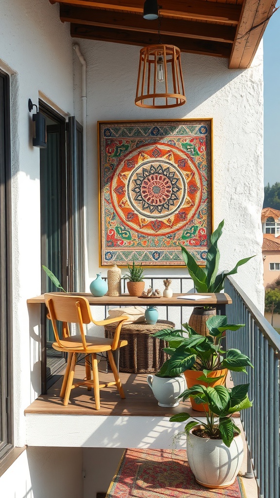 A cozy balcony decorated with a colorful mandala artwork, plants, and a wooden chair.