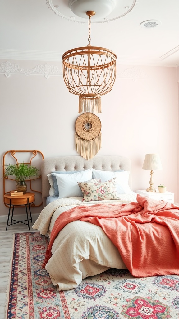 A cozy Boho Mid-Century Modern bedroom featuring soft pink walls, a coral blanket, and a stylish woven light fixture.
