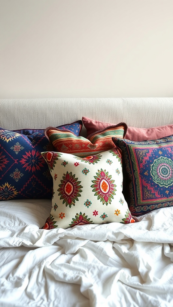 Colorful boho chic throw pillows arranged on a bed