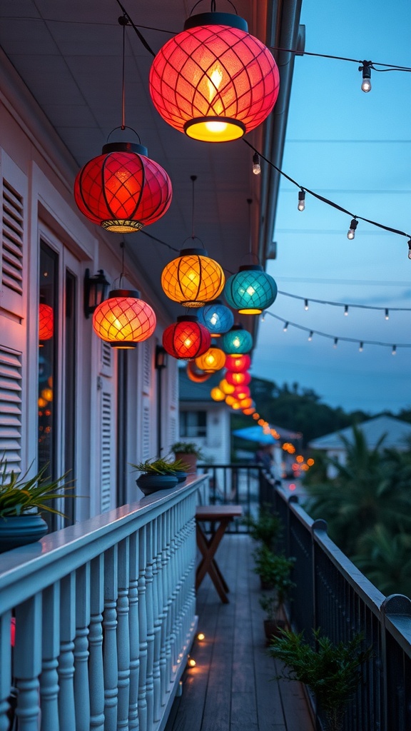 A balcony decorated with colorful lanterns in red, blue, and yellow, creating a cozy evening atmosphere.