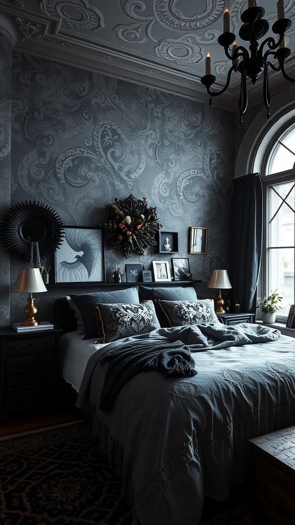 A dark and moody bedroom featuring gothic and bohemian styles with intricate wallpaper, plush bedding, and thoughtful decor.