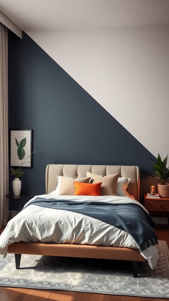 A stylish bedroom featuring a bold accent wall in navy and white, a cozy bed with decorative pillows, and modern furnishings.