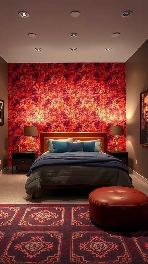 A cozy farmhouse basement bedroom with a bold red accent wall, featuring a bed with blue pillows, a patterned rug, and stylish lamps.
