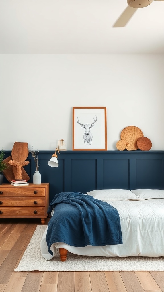 A cozy farmhouse bedroom featuring a bold navy accent wall, white bedding, and wooden furniture.
