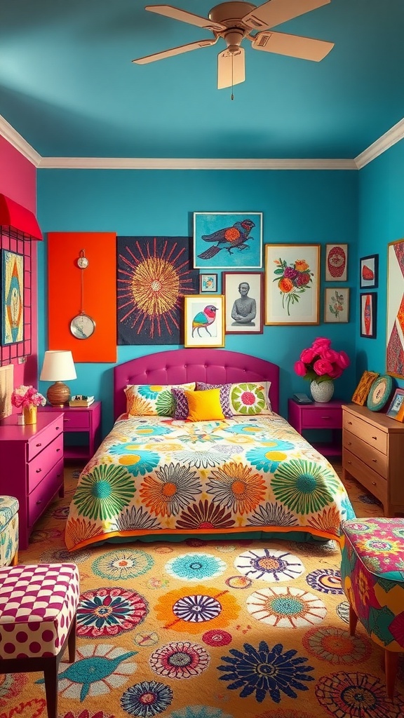 A colorful bedroom featuring bright blue walls, a floral patterned bedspread, and eclectic artwork.