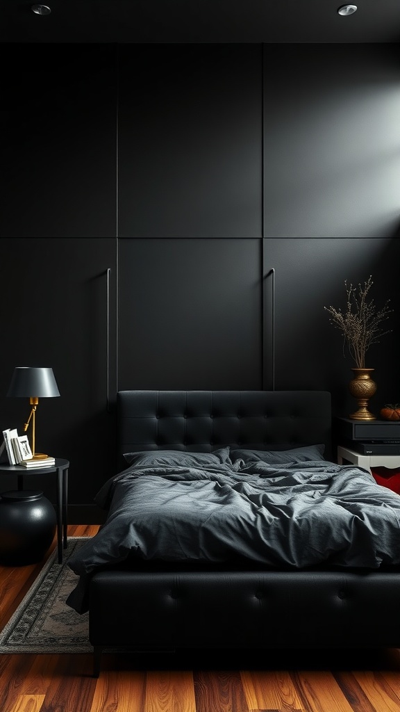 A dark and moody bedroom with black furniture, featuring a sleek bed, nightstand, and accent table.
