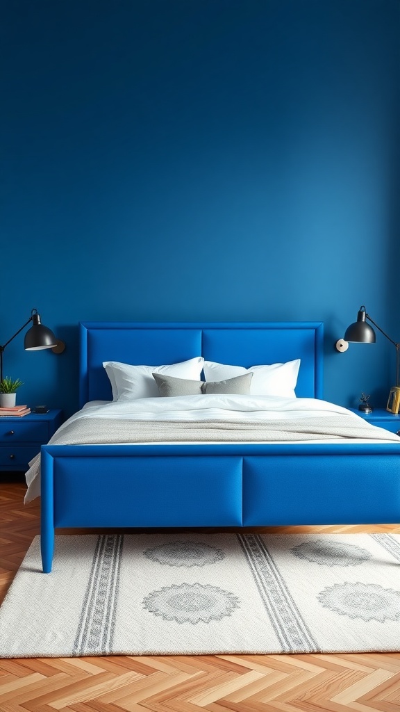A vibrant blue bed frame in a boho-styled bedroom with bright walls and cozy decor.
