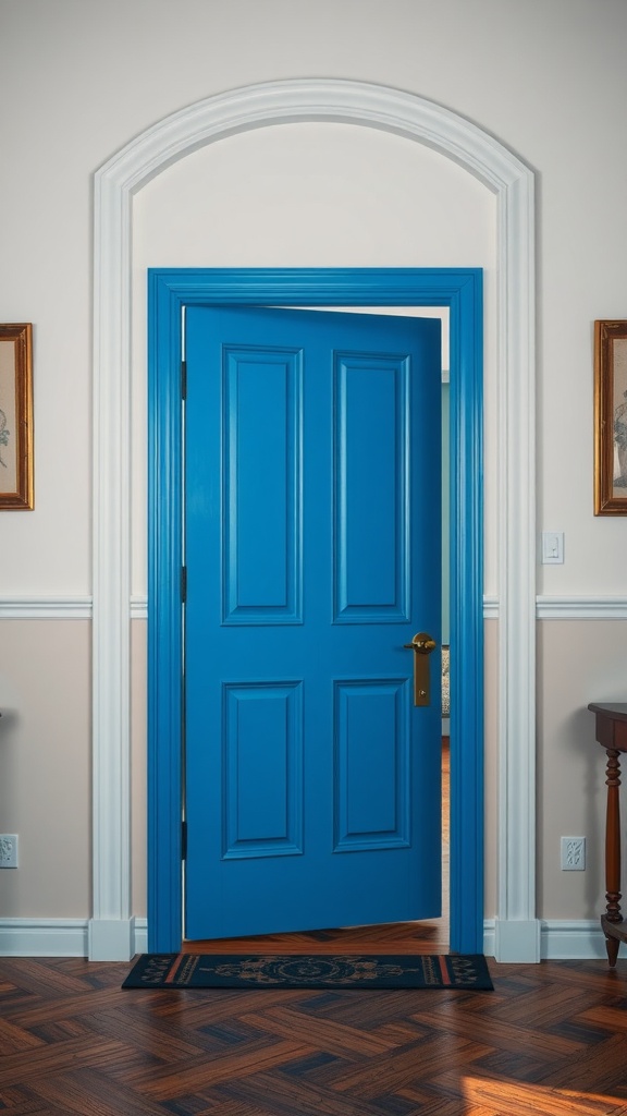 A bright blue door framed with white trim, leading into a serene interior